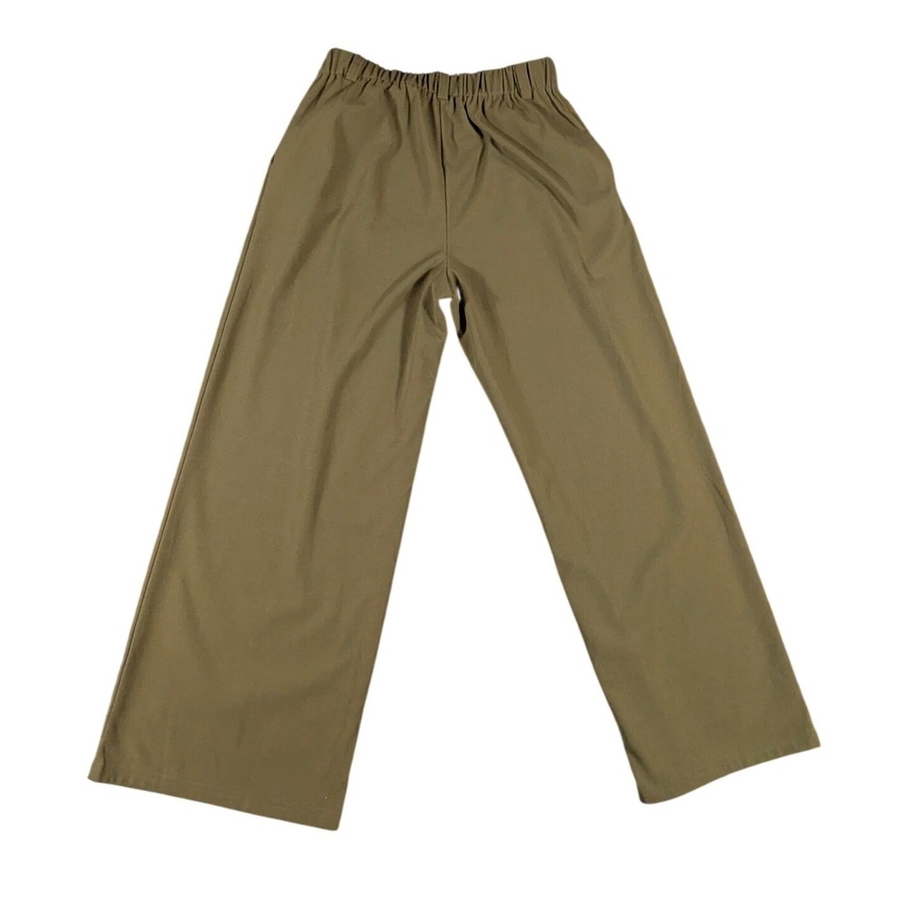 Olive Green Wide Leg Pleated Trousers Elastic Waist Minimalist Pants Medium - Picture 2 of 5